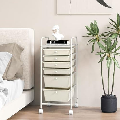 6-Tier Rolling Cart with Drawers, Storage Cart with Universal Wheel & Metal Frame, Multipurpose Mobile Trolley Utility Cart for Small Space Makeup School Office Play Room(White)