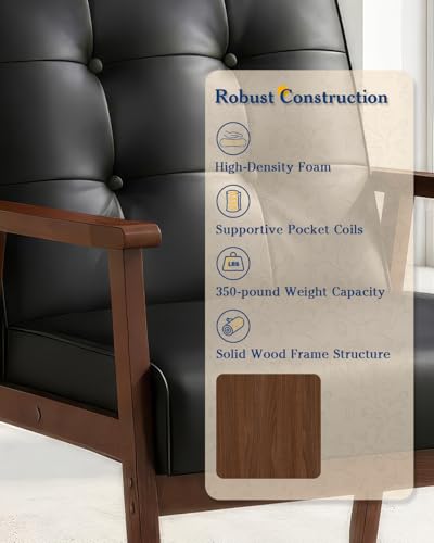 Black Faux Leather Chairs Set of 2 with Solid Wood Frame for Living Room | AODAILIHB Upholstered Lounge Modern Office Couch, with Thick Cushion, Single Sofa for Waiting Room/Dorm/Bedroom/Lobby - size: 2 chair