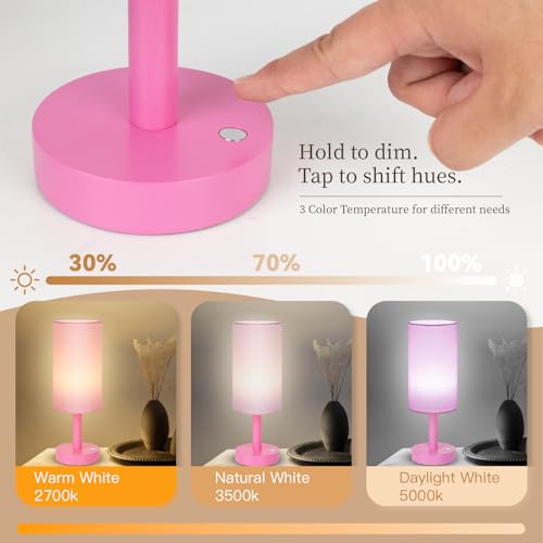 LALISU Cordless Table Lamp, 3 Color Portable Battery Lamp Wood Base Touch - color: Pink