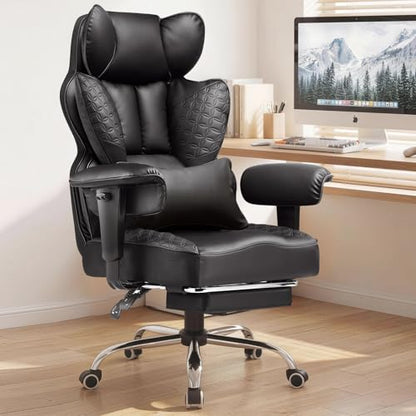 COMHOMA Big and Tall Office Chair Heavy Duty Gaming Chair with Deluxe Embossing Leather High Back Wider Ergonomic Computer Chair with Foot Rest 145°Reclining Pocket Spring Lumbar Support - color: Onyx Black