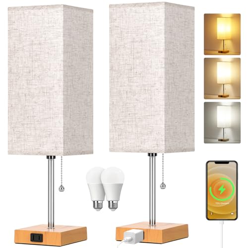 18'' Table Lamp for Bedroom set of 2,3-Color Bedside Lamps with Pull Chain - color: Wood+cream, size: 18inch