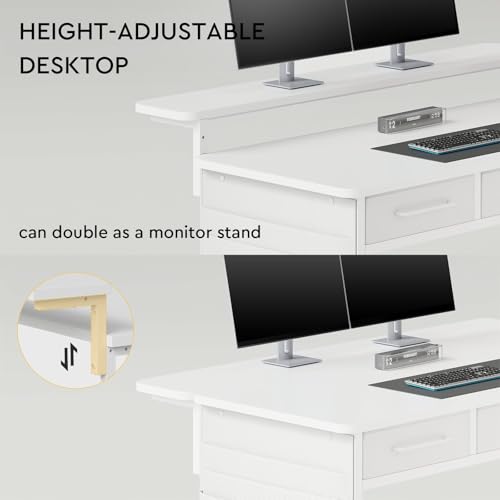 Maihail Computer Desk with Drawers, 47.2X15.8-22.9 Inches Office Computer Desk with Side Pocket & Ergonomic Monitor Stand, Writing Table for Small Spaces, Bedroom, White