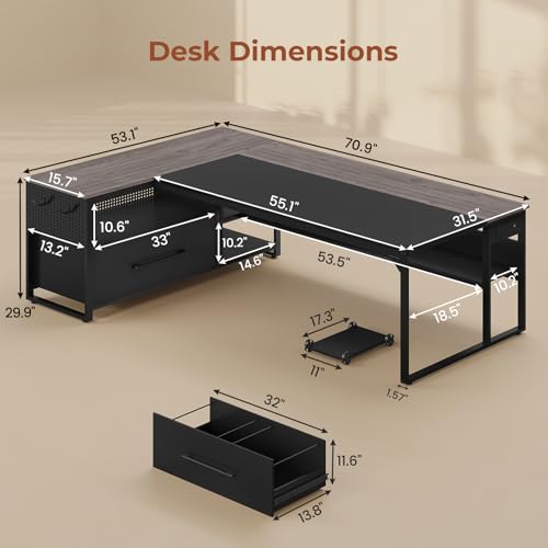 UPOSOJA 71" Executive Desk, L Shaped Office Desk with Widen File Drawers - color: Grey, size: Widen Drawer