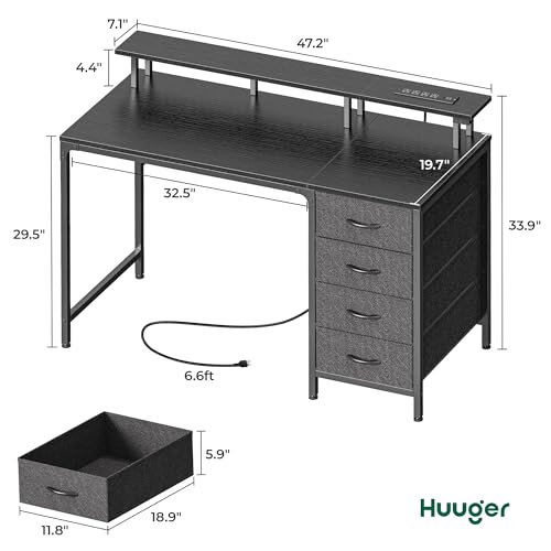 Huuger 47 Inch Computer Desk with Power Outlets and LED Lights, Gaming Desk with 4 Drawers, Office Desk with Monitor Stand, Study Work Home Office, Small Spaces, Black - color: Black, size: 47 INCH