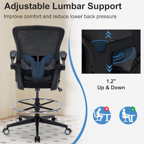 Drafting Chair 400lbs Heavy Duty Tall Office Chair Big and Tall Ergonomic Standing Desk Chair with Lumbar Support and Adjustable Footrest Ring, Comfy Mesh Wide Chair with Flip-up Armrests, Black
