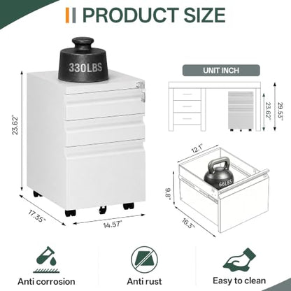 3 Drawer Mobile File Cabinet with Lock, Fully Assembled - color: White