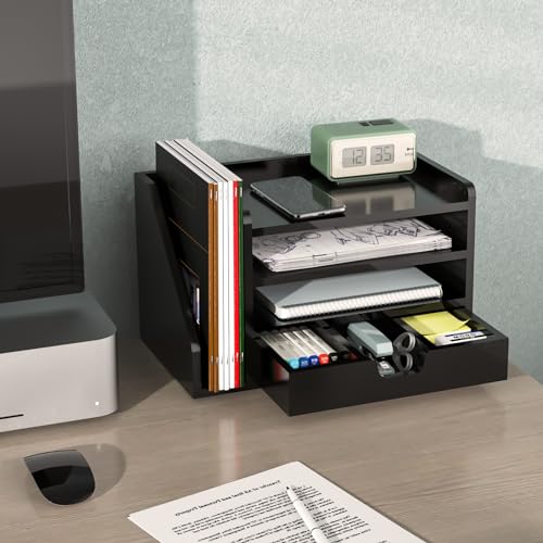 Multi-Tier Wood Desk File Organizer, 3 Tray Shelves & Adjustable Drawer - Space-Efficient Design for Efficient Office Setup, Reduces Desk Clutter (Black) - color: Black