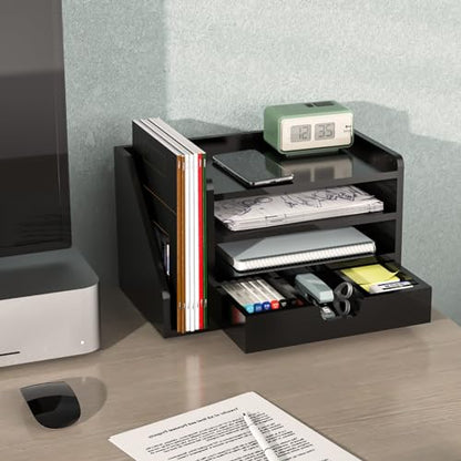 Multi-Tier Wood Desk File Organizer, 3 Tray Shelves & Adjustable Drawer - Space-Efficient Design for Efficient Office Setup, Reduces Desk Clutter (Black) - color: Black