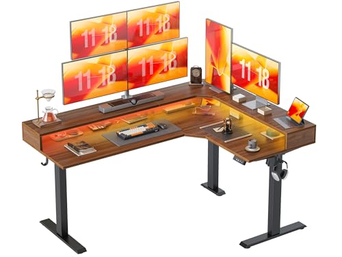 TIQLAB 63'' L-Shaped Standing Desk with LED Light Strip and Power Outlet, Height Adjustable Corner Table with Ergonomic Monitor Stand, Black Walnut - color: Black Walnut, size: 63*47 inch with top shelf