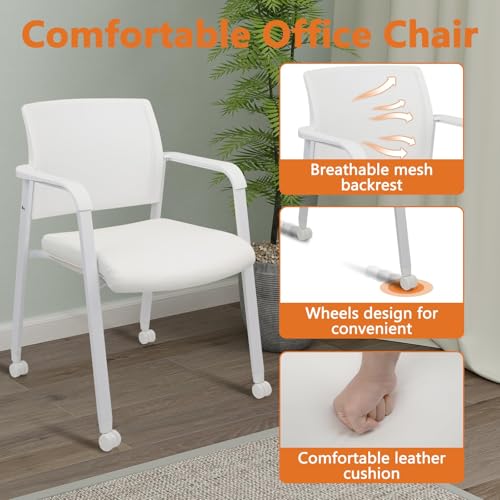 CLATINA Mesh Back Guest Reception Stacking Chair with Wheels, Waiting Room Stackable Chairs with Upholstered Leather Seat & Ergonomic Lumbar Support for Office Conference School Lobby, White, 2 Pack - size: 2pack
