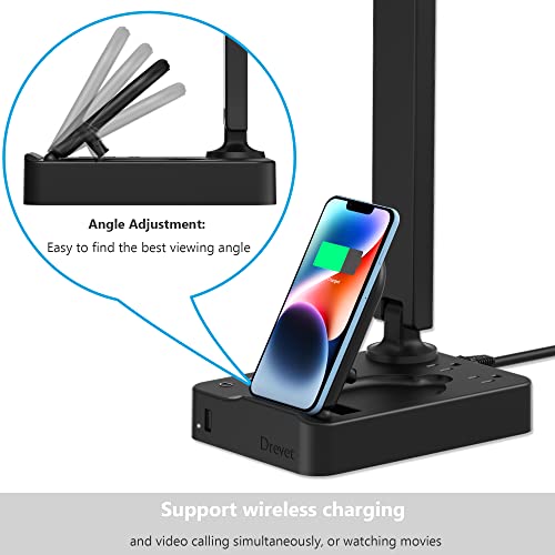 Drevet LED Desk Lamp with Wireless Charger, Desk Table Light with USB Charging Port and 2 Outlets, 3 Lighting Modes, 3 Level Brightness, 1H Timer, Touch Control, Eye-Caring Home Office Foldable Lamp - color: Black2.0 with wireless charging