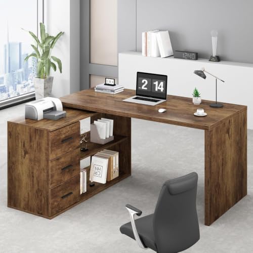 HSH L Shaped Computer Corner Desk with Storage Drawers 55 inch Rustic Brown | Reversible Home Office Corner Desk with 2 Open Side Shelves Modern Wood Executive L Desks for Bedroom,Study Workstation - color: Rustic Brown, size: 55 Inch