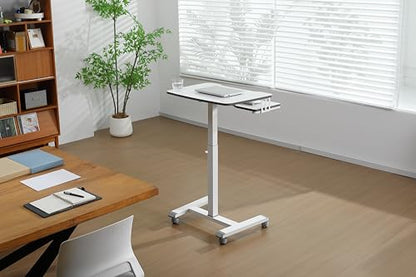 ETHU Mobile Standing Desk with Keyboard Tray on Wheels, White