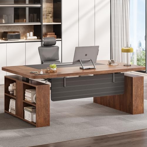 SEDETA 63" Executive Standing Desk with Storage, Executive Height Adjustable Desk with Power Outlets, Large Computer Office Desk with Privacy Panel for Home Office, Warm Golden Brown - color: Warm Golden Brown
