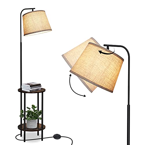 DEWENWILS Floor Lamp with Table, Wooden Nightstand, Farmhouse | Linen Lampshade, 13.18", ON/OFF Foot Switch, 2-in-1 Design, Sturdy Shelf for Living Room, Bedroom, Office Decor