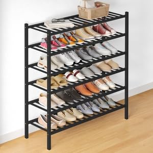 Smiry Bamboo Shoe Rack for Closet, 6 Tier - 33.86" Wide, Black | Stackable Wooden Shoe Organizer, Wood Shoe Storage Shelf for Entryway, 16 Vertical Slats, Reinforced Legs - color: Black, size: 6 Tier - 33.86" Wide