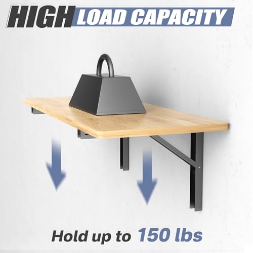 WALMANN 16 in Folding Wall Shelf Brackets, Wall Mount Collapsible Brackets | for Workbench/Table, 150 lbs Capacity, Space-Saving Shelf Hinges for Garage, Kitchen, Laundry, No Board - size: 16 Inch