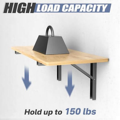 WALMANN 16 in Folding Wall Shelf Brackets, Wall Mount Collapsible Brackets | for Workbench/Table, 150 lbs Capacity, Space-Saving Shelf Hinges for Garage, Kitchen, Laundry, No Board - size: 16 Inch