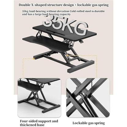 Ergonomic Standing Desk Converter, Height Adjustable Sit-Stand Riser with Keyboard Tray, Home Office Workstation for Laptop & Computer Monitor Riser, Easy Gas Spring Lift