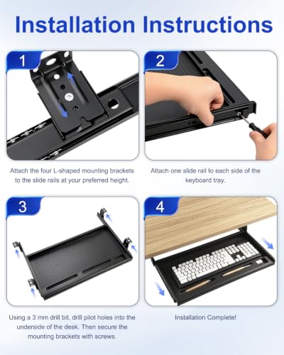 jojofuny Under Desk Keyboard Tray, Slide-Out Drawer with Pen Organizer - color: Black, size: 51.50X27.00X3.50CM