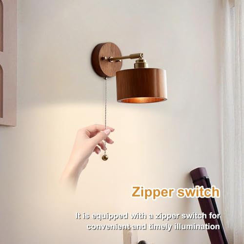 Wood Wall Sconce with Pull Chain Adjustable Swing Arm Natural Or Walnut Wood Cylinder Shade Brass Accent Wall Lamp for Bedroom Living Room Hallway Reading Nook(Wood) - color: Wood