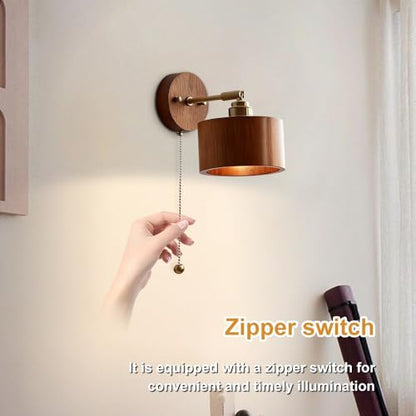 Wood Wall Sconce with Pull Chain Adjustable Swing Arm Natural Or Walnut Wood Cylinder Shade Brass Accent Wall Lamp for Bedroom Living Room Hallway Reading Nook(Wood) - color: Wood