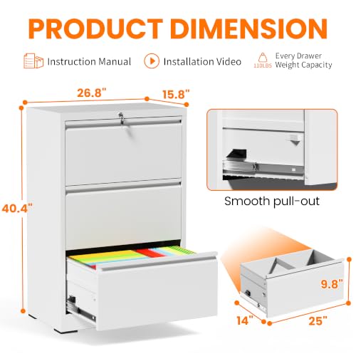 3 Drawer Metal Lateral File Cabinet with Lock,White Filing Cabinet - color: White, size: 26.8"W-3 drawers