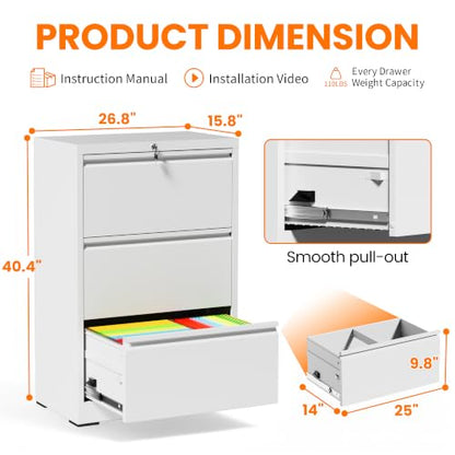 3 Drawer Metal Lateral File Cabinet with Lock,White Filing Cabinet - color: White, size: 26.8"W-3 drawers