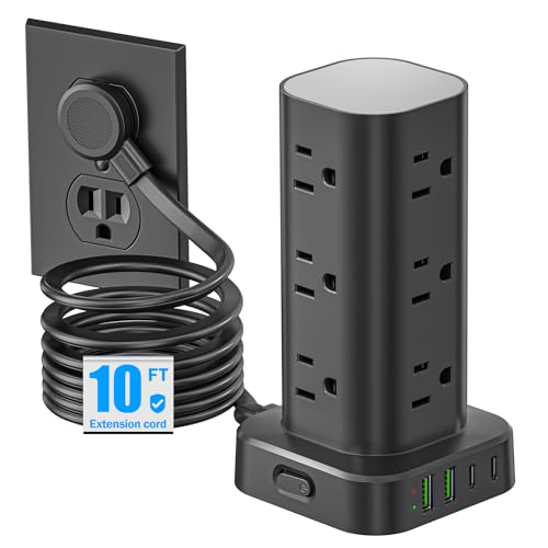 Flat Plug Power Strip Tower Surge Protector, 10FT Flat Extension Cord with Multiple Outlets, 12 AC Outlets, 4 USB Ports (2 USB C) Charging Station for Office Home Dorm Room Travel (Black) - color: Black, size: 10FT without Wireless Charger