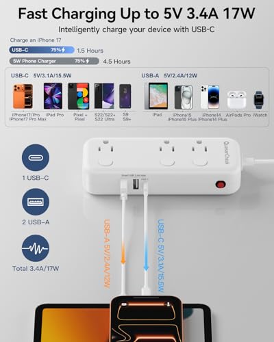 2 Prong Extension Cord with 6 Outlets 3 USB, 5FT Surge Protector, Old House | 1875W, 2 Prong to 3 Prong Outlet Adapter, Rotating Plug, USB-C(15.5W), Polarized, Non Grounded, Multi Plug - size: 5 FT-White-Two Prong