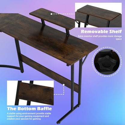 Gaming Desk L Shaped Desk, 50.4” Large Desk Computer Desk with Shelves & Carbon Fiber Desktop, Wood Desk Table Computer Table Writing Desk Work Desk pc desk for Bedroom Office Dorm Small Space, Brown - color: Brown