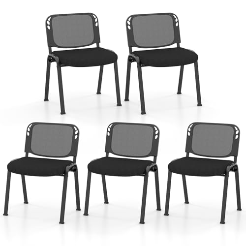 COSTWAY Stackable Guest Reception Chairs Set of 5 with Mesh Backrest | Meeting Room Chairs with Upholstered Wide Seat, Metal Frame, Anti-slip Foot Pads, Conference Chairs No Wheels for Office - size: 5 Pack