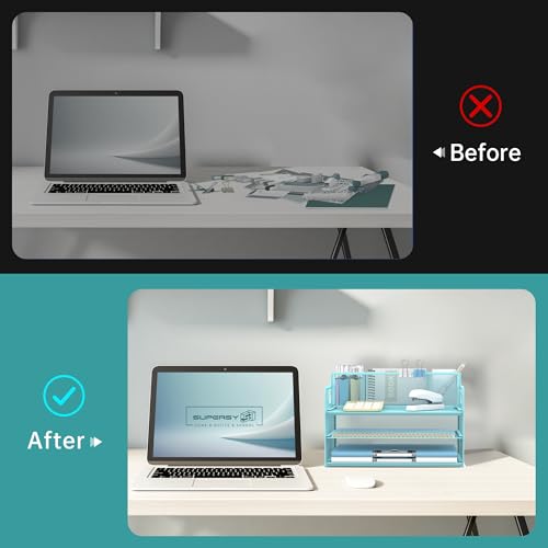 3-Tier Desk Organizer with Pen Holder and Handles, Paper Organizer, Blue - color: Blue