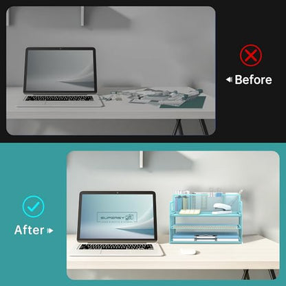 3-Tier Desk Organizer with Pen Holder and Handles, Paper Organizer, Blue - color: Blue