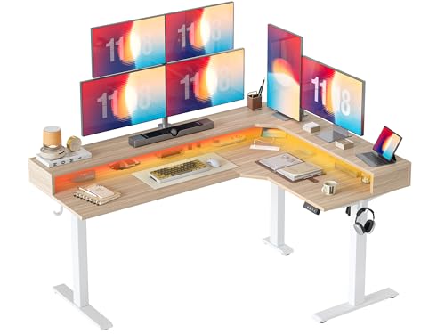 TIQLAB 63'' L-Shaped Standing Desk with LED Light Strip and Power Outlet, Height Adjustable Corner Table with Ergonomic Monitor Stand, Light Walnut - color: Light Walnut, size: 63*47 inch with top shelf