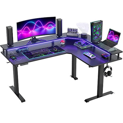 FEZIBO 63"x49" L Shaped Standing Desk with LED Strip & Power Outlets, Height Adjustable Sit Stand Corner Computer Desk with Ergonomic Monitor Stand, Black Top/Black Frame