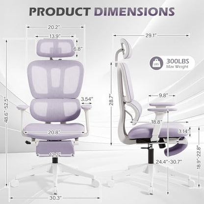 Ergonomic Office Chair with Footrest and Dynamic Lumbar Support, Purple | Reclining high-back computer chair, memory foam seat, 2D armrests, 2D headrest, mesh desk chair for home office, long hours - color: Purple