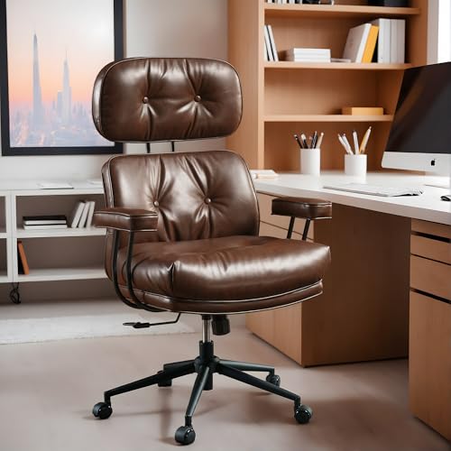High Back Executive Office Chair with Comfortable Deep Seat,Brown PU Leather Modern Office Chair,Ergonomic Big and Tall Computer Desk Chair with Lumbar Support(Dark Brown) - color: Dark Brown,pu Leather, size: Big High Back