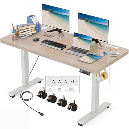 48'' × 24'' Electric Standing Desk with Power Outlets & Wheels, Oak - color: Oak, size: 48×24''