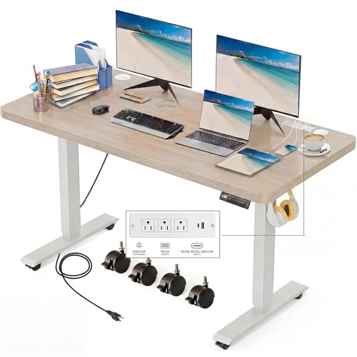 48'' × 24'' Electric Standing Desk with Power Outlets & Wheels, Oak - color: Oak, size: 48×24''