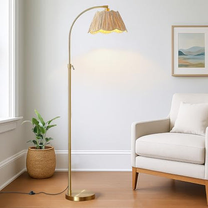 64'' Adjustable Arc Floor Lamp with Natural Rattan Woven Shade - color: Gold