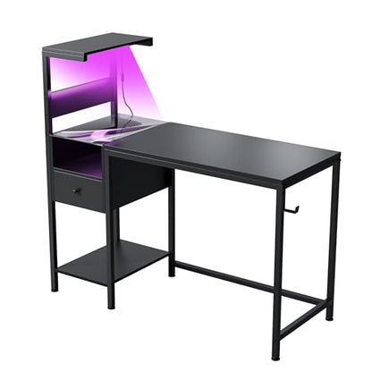 Computer Desk with Power Outlet and USB Charging Station, Space-Saving Study Writing Table with Storage Shelves, PC Laptop Workstation for Home Office Bedroom (Black) - color: Black