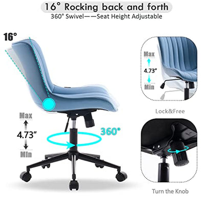 YOUNIKE Office Desk Chair with Wheels Armless Vanity Chair Modern Blue | Faux Leather Upholstered with Rocking Back, Swivel Height Adjustable Small Cute Computer Rolling Task Chair Ergonomic 300lb - color: Blue, size: Base Black