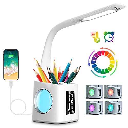 LED Desk Lamp with Clock,Color Changing Nightlight,Study Lamp with Pen Holder,Desk Light with USB Charger,Table Light for Home,Office,Bedroom,Gift for Kids,Students,Women,White - color: White 2.0