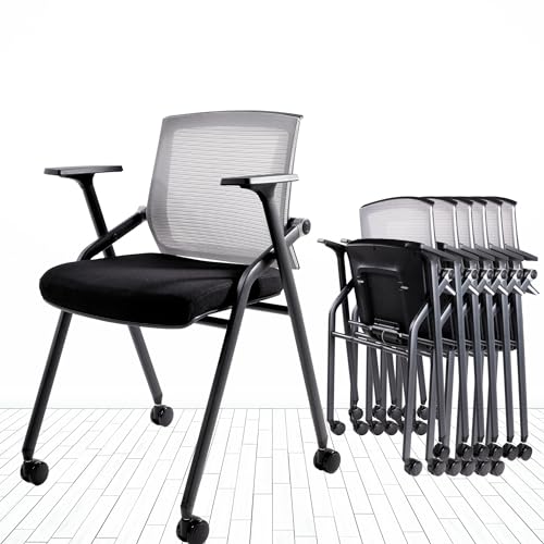 Conference Room Chairs, Folding Office Desk Chair with Lumbar Support and Sliding Armrest with Casters, Stackable Office Guest Chairs & Reception Chairs (2 Pack) - color: Grey, size: 2 Pack