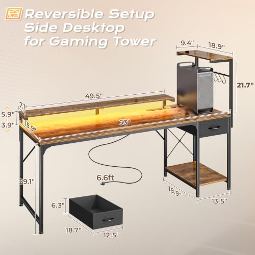 PRAISUN 63 Inch Gaming Desk with LED Lights & Power Outlets - color: Rustic Brown, size: 63 Inch