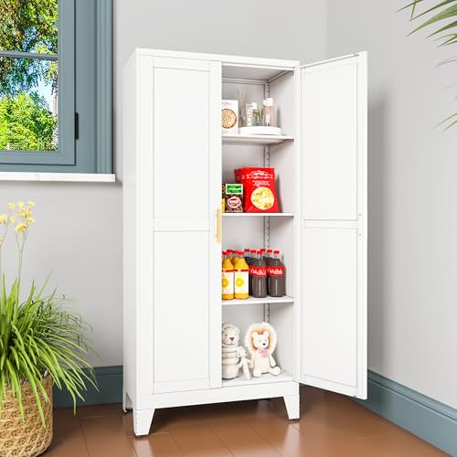 winiowa Metal Pantry Cabinet with 2 Doors and Adjustable Shelves, Kitchen Storage cabinets with Gold Handles, Versatile Storage for Laundry/Living Room,Bathroom,Dinning Room-White - color: 2d-white, size: 11.81"D x 23.62"W x 47.25"H