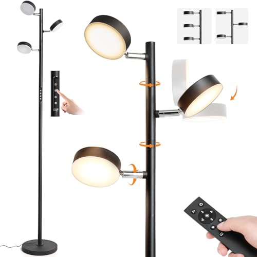 JUNNAI LED Tree Floor Lamp with Remote & Touch Control, 3 Heads Adjustable Dimmable Modern Floor Lamps with Timer, 4 Color Temperatures, Tall Standing Lamp for Living Room, Bedroom, Office, Black - color: Black