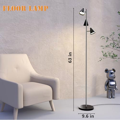 Black Floor Lamp for Office and Living Room, with 3 Rotatable LED Lights, Magnetic Remote, 5 Color Temp - color: Black