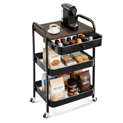 3-Tier Rolling Storage Cart with Wooden Top & Drawer, Utility Trolley | Lockable 360° Swivel Wheels , Sturdy Metal Frame Holds 44lbs, Perfect Organizer for Kitchen, Office, Living Room & Bathroom